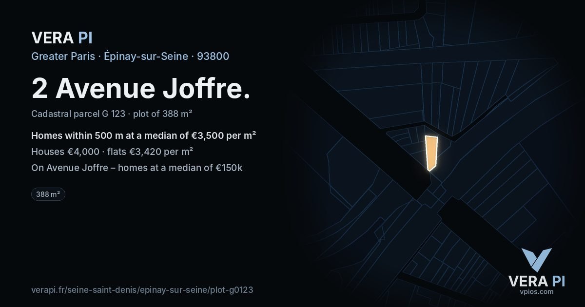 2 Avenue Joffre, Épinay-sur-Seine at night – the plot lit, the parcels around coloured by the prices near them
