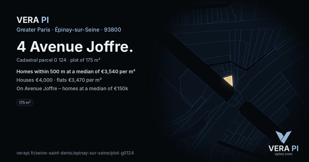4 Avenue Joffre, Épinay-sur-Seine at night – the plot lit, the parcels around coloured by the prices near them