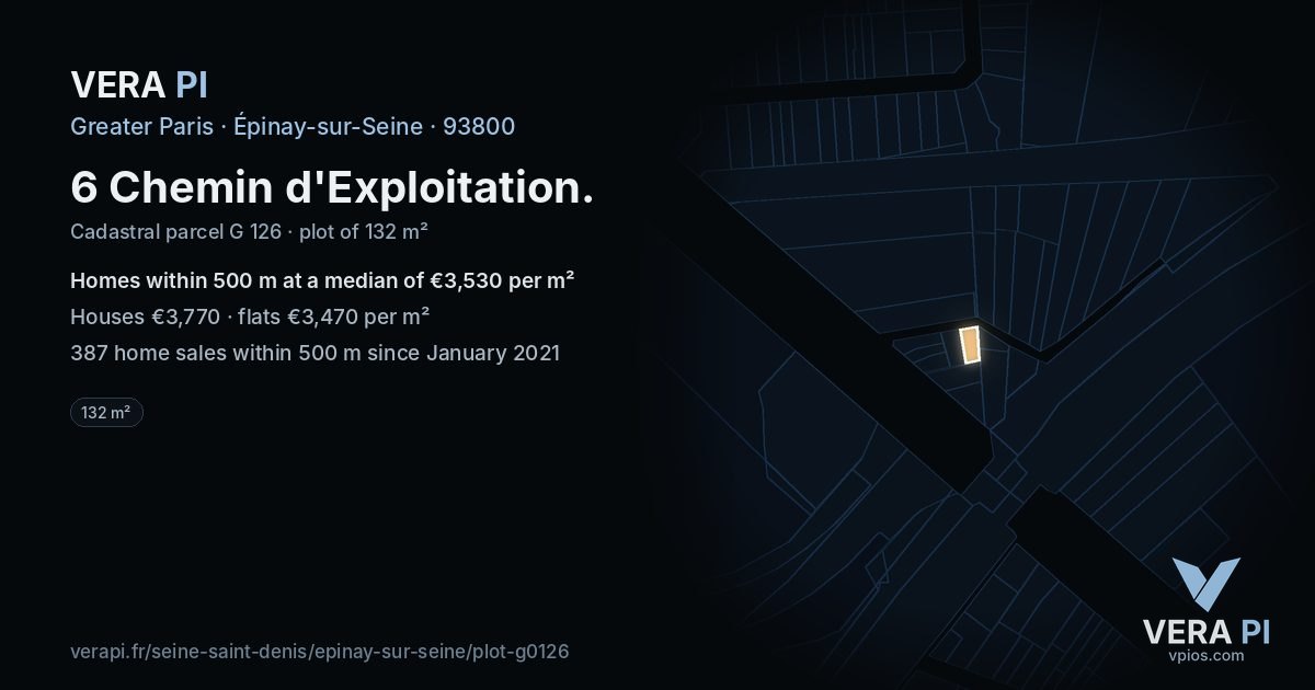 6 Chemin d'Exploitation, Épinay-sur-Seine at night – the plot lit, the parcels around coloured by the prices near them