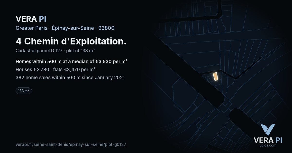 4 Chemin d'Exploitation, Épinay-sur-Seine at night – the plot lit, the parcels around coloured by the prices near them