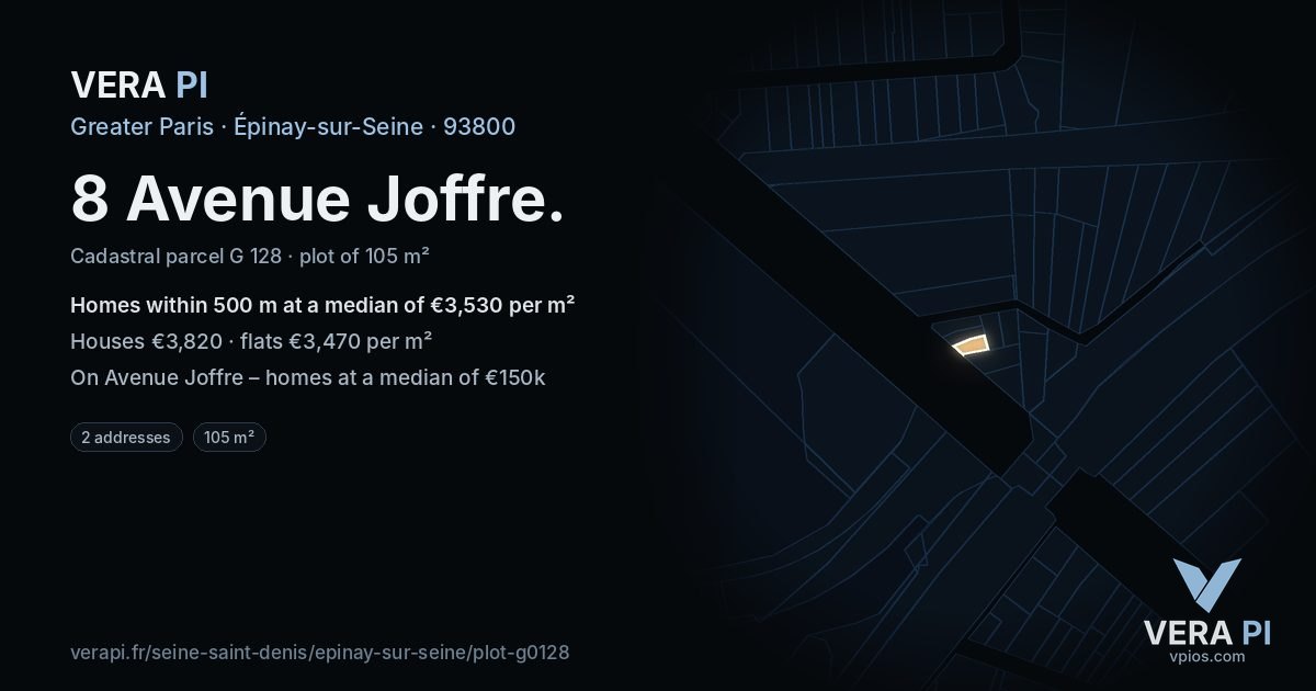 8 Avenue Joffre, Épinay-sur-Seine at night – the plot lit, the parcels around coloured by the prices near them