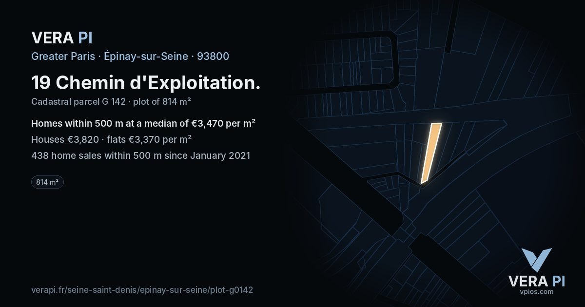 19 Chemin d'Exploitation, Épinay-sur-Seine at night – the plot lit, the parcels around coloured by the prices near them