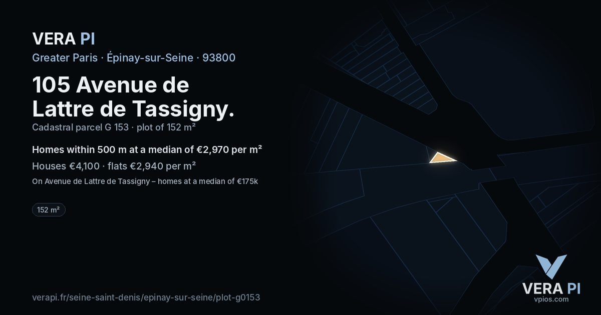 105 Avenue de Lattre de Tassigny, Épinay-sur-Seine at night – the plot lit, the parcels around coloured by the prices near them
