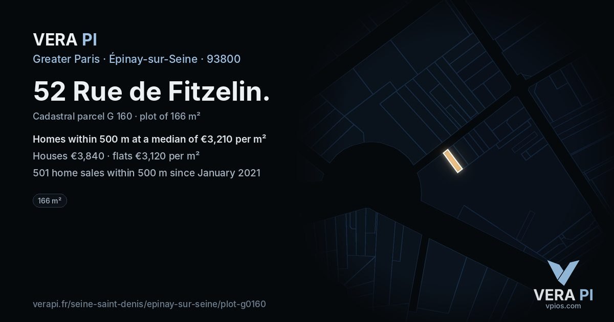 52 Rue de Fitzelin, Épinay-sur-Seine at night – the plot lit, the parcels around coloured by the prices near them