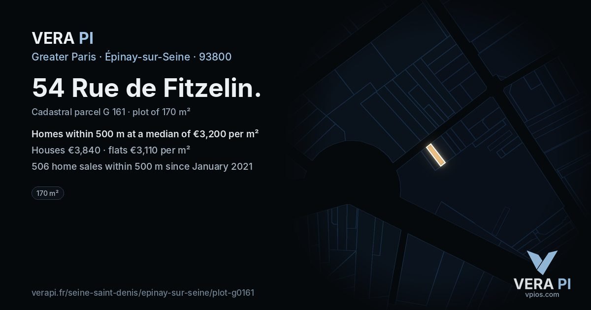 54 Rue de Fitzelin, Épinay-sur-Seine at night – the plot lit, the parcels around coloured by the prices near them