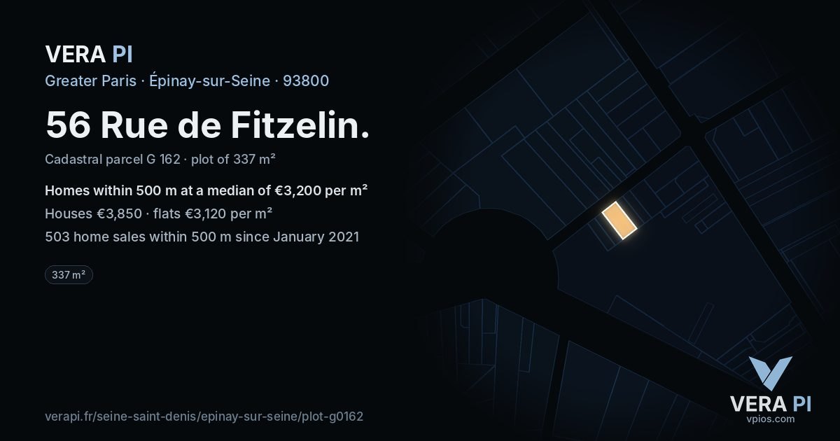 56 Rue de Fitzelin, Épinay-sur-Seine at night – the plot lit, the parcels around coloured by the prices near them