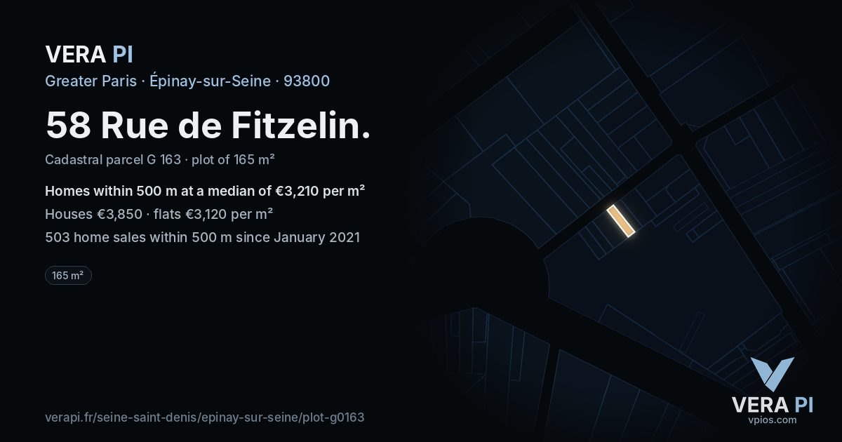 58 Rue de Fitzelin, Épinay-sur-Seine at night – the plot lit, the parcels around coloured by the prices near them