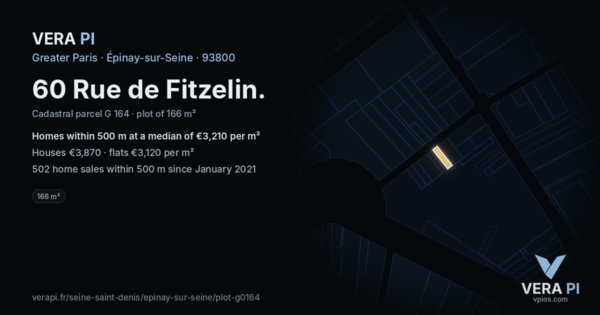 60 Rue de Fitzelin, Épinay-sur-Seine at night – the plot lit, the parcels around coloured by the prices near them