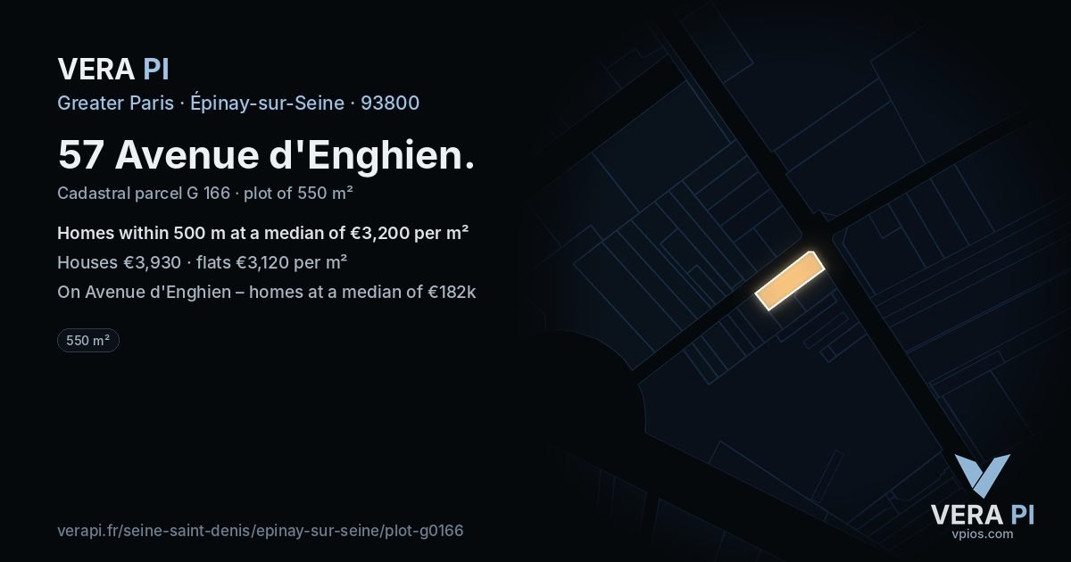 57 Avenue d'Enghien, Épinay-sur-Seine at night – the plot lit, the parcels around coloured by the prices near them
