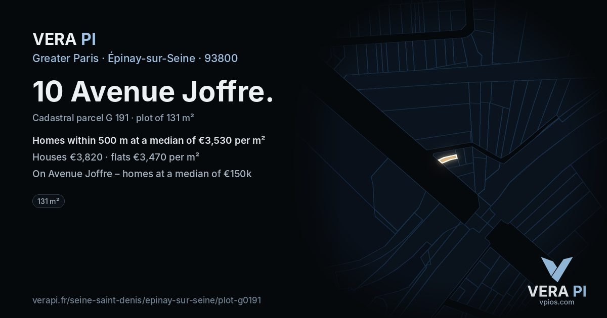 10 Avenue Joffre, Épinay-sur-Seine at night – the plot lit, the parcels around coloured by the prices near them