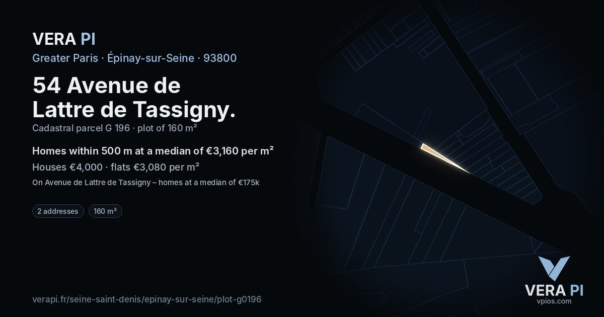 54 Avenue de Lattre de Tassigny, Épinay-sur-Seine at night – the plot lit, the parcels around coloured by the prices near them