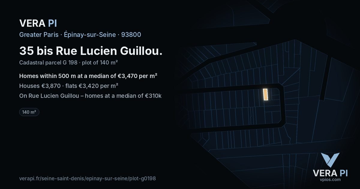 35 bis Rue Lucien Guillou, Épinay-sur-Seine at night – the plot lit, the parcels around coloured by the prices near them