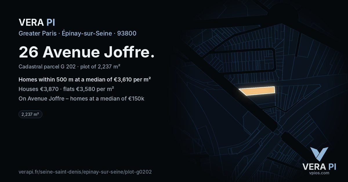 26 Avenue Joffre, Épinay-sur-Seine at night – the plot lit, the parcels around coloured by the prices near them