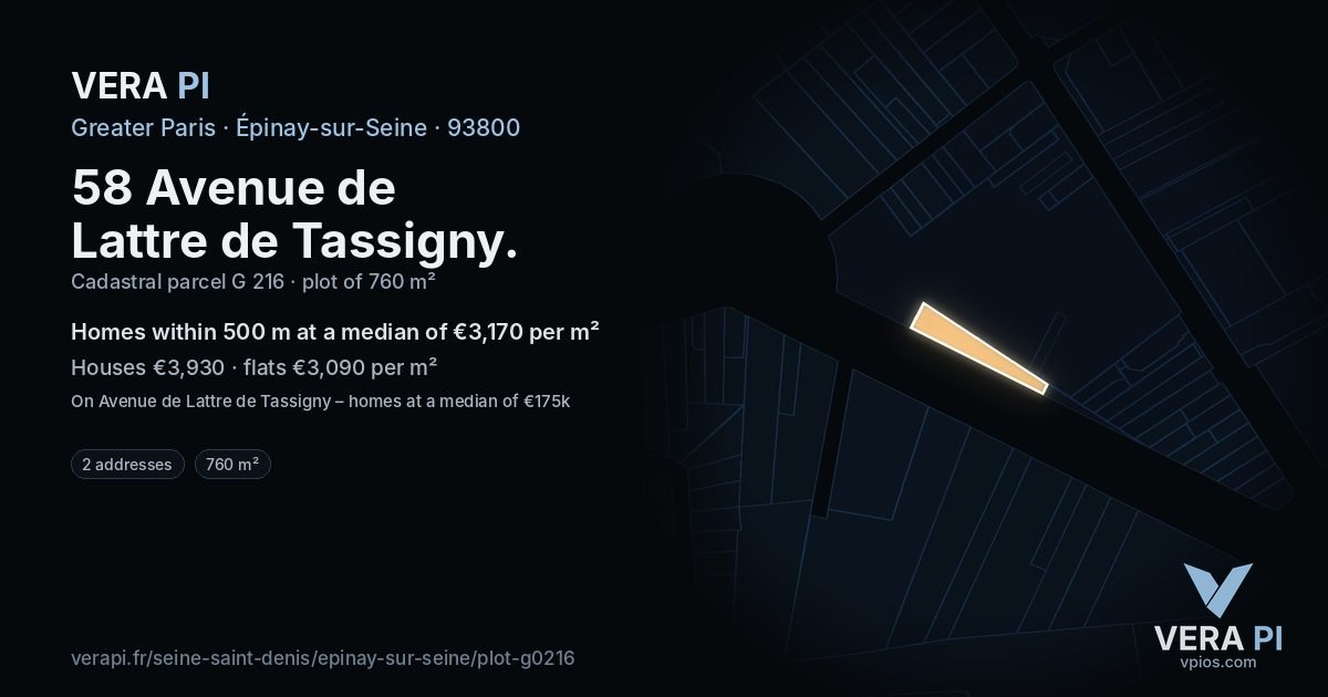 58 Avenue de Lattre de Tassigny, Épinay-sur-Seine at night – the plot lit, the parcels around coloured by the prices near them