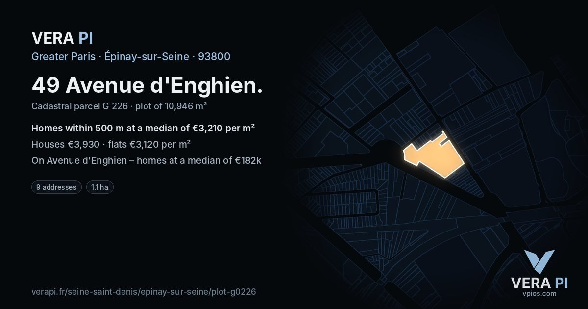 49 Avenue d'Enghien, Épinay-sur-Seine at night – the plot lit, the parcels around coloured by the prices near them