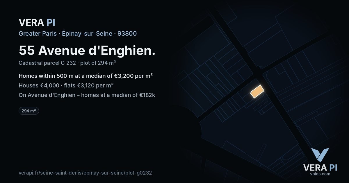 55 Avenue d'Enghien, Épinay-sur-Seine at night – the plot lit, the parcels around coloured by the prices near them