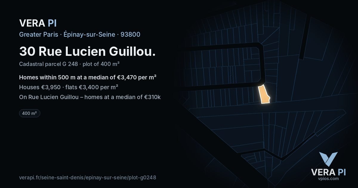 30 Rue Lucien Guillou, Épinay-sur-Seine at night – the plot lit, the parcels around coloured by the prices near them