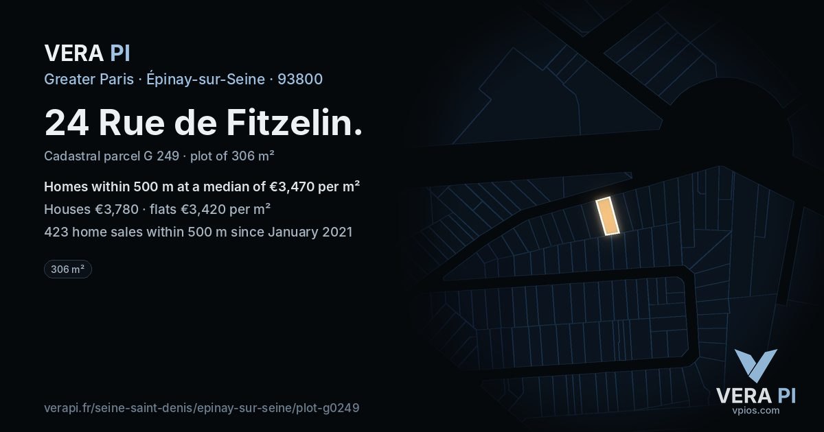 24 Rue de Fitzelin, Épinay-sur-Seine at night – the plot lit, the parcels around coloured by the prices near them