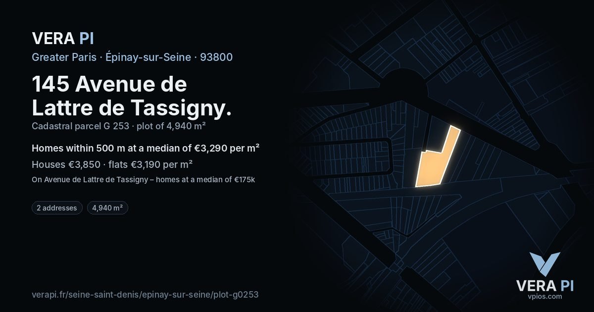 145 Avenue de Lattre de Tassigny, Épinay-sur-Seine at night – the plot lit, the parcels around coloured by the prices near them