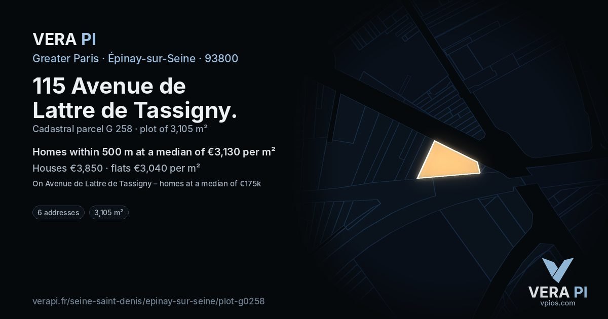 115 Avenue de Lattre de Tassigny, Épinay-sur-Seine at night – the plot lit, the parcels around coloured by the prices near them