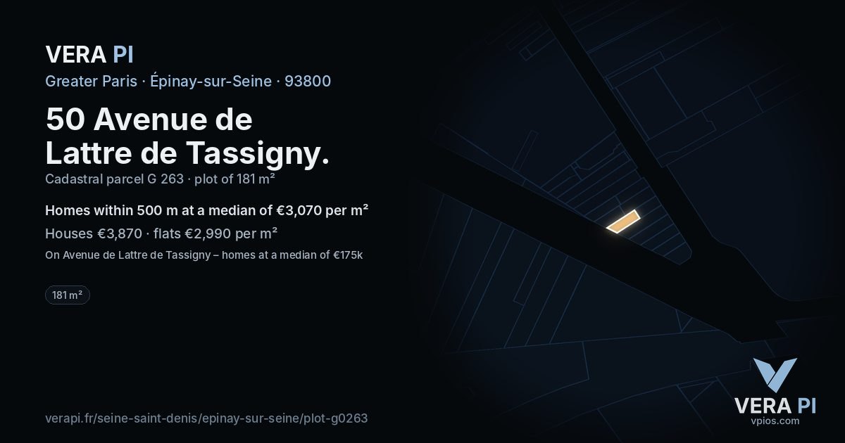 50 Avenue de Lattre de Tassigny, Épinay-sur-Seine at night – the plot lit, the parcels around coloured by the prices near them