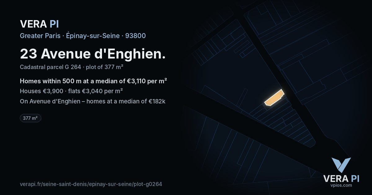 23 Avenue d'Enghien, Épinay-sur-Seine at night – the plot lit, the parcels around coloured by the prices near them