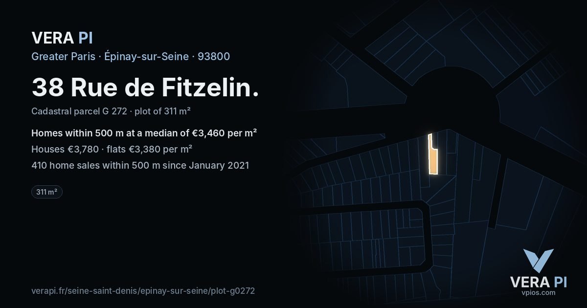 38 Rue de Fitzelin, Épinay-sur-Seine at night – the plot lit, the parcels around coloured by the prices near them