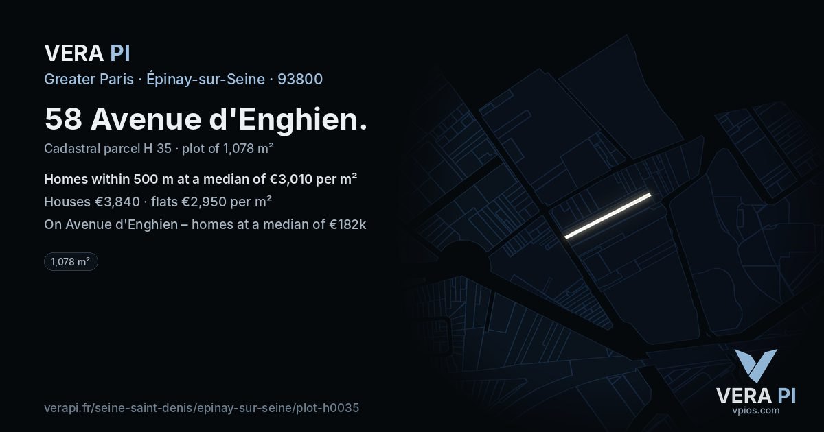 58 Avenue d'Enghien, Épinay-sur-Seine at night – the plot lit, the parcels around coloured by the prices near them