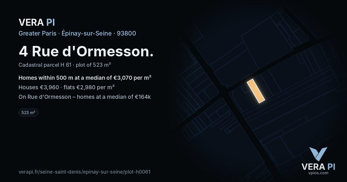 4 Rue d'Ormesson, Épinay-sur-Seine at night – the plot lit, the parcels around coloured by the prices near them