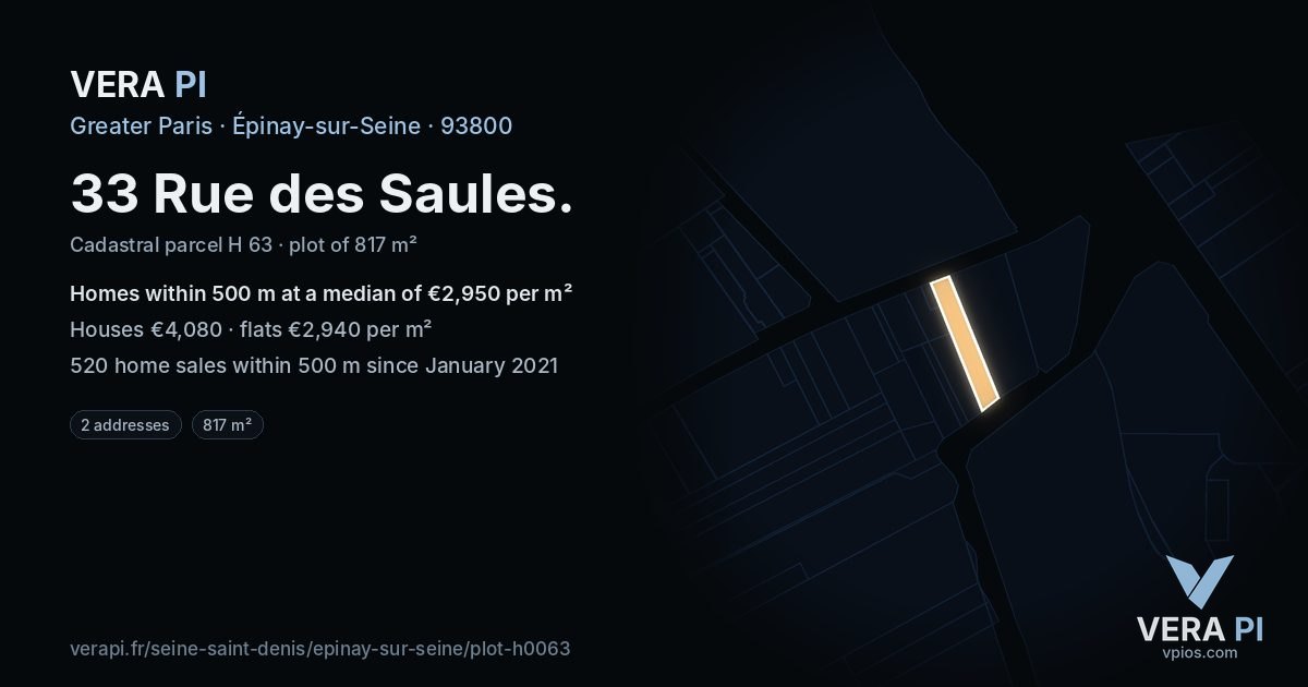 33 Rue des Saules, Épinay-sur-Seine at night – the plot lit, the parcels around coloured by the prices near them