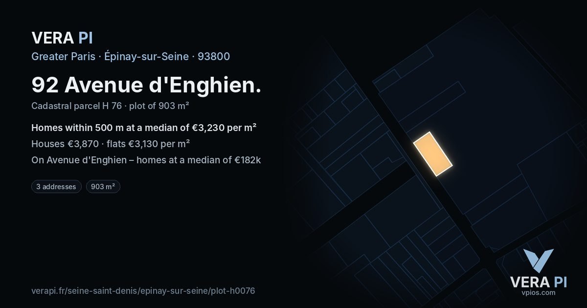 92 Avenue d'Enghien, Épinay-sur-Seine at night – the plot lit, the parcels around coloured by the prices near them