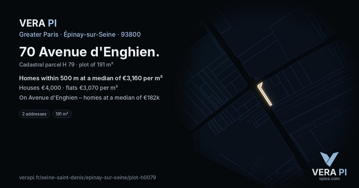 70 Avenue d'Enghien, Épinay-sur-Seine at night – the plot lit, the parcels around coloured by the prices near them