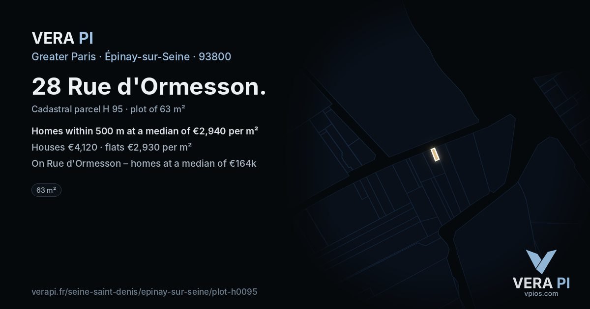 28 Rue d'Ormesson, Épinay-sur-Seine at night – the plot lit, the parcels around coloured by the prices near them