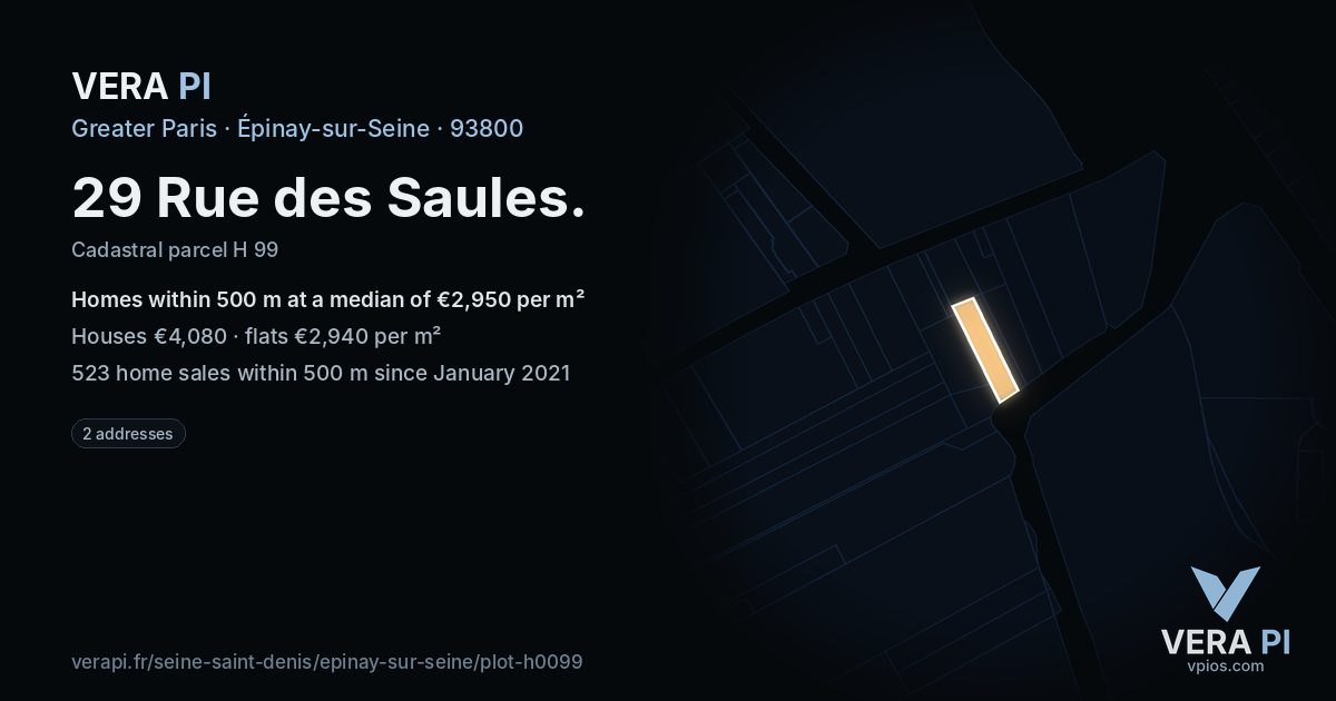 29 Rue des Saules, Épinay-sur-Seine at night – the plot lit, the parcels around coloured by the prices near them