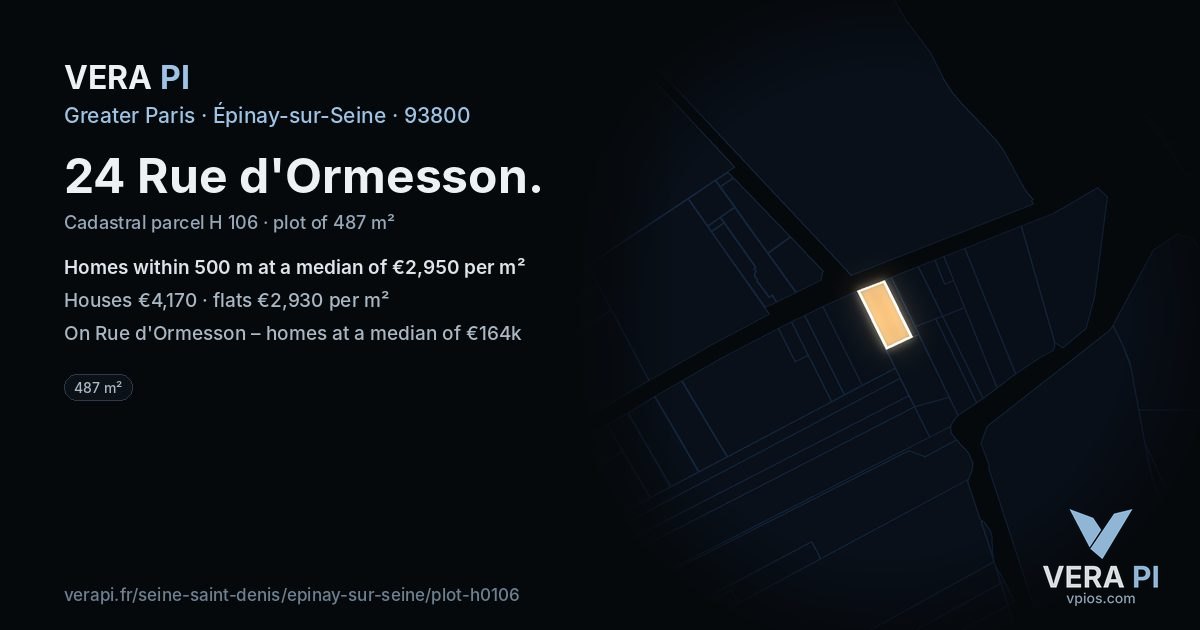 24 Rue d'Ormesson, Épinay-sur-Seine at night – the plot lit, the parcels around coloured by the prices near them