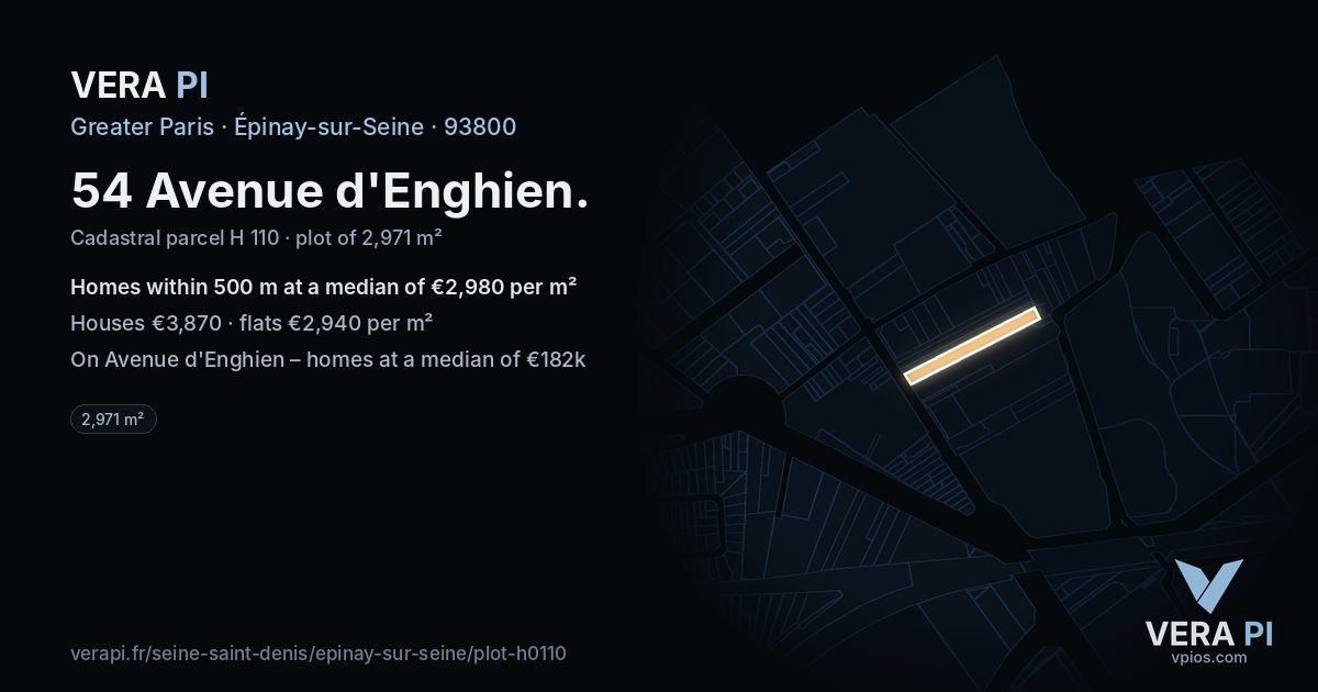 54 Avenue d'Enghien, Épinay-sur-Seine at night – the plot lit, the parcels around coloured by the prices near them