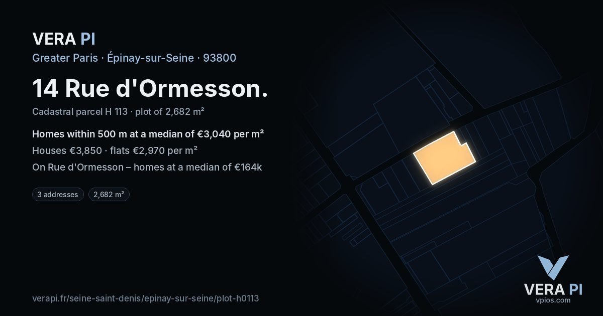 14 Rue d'Ormesson, Épinay-sur-Seine at night – the plot lit, the parcels around coloured by the prices near them
