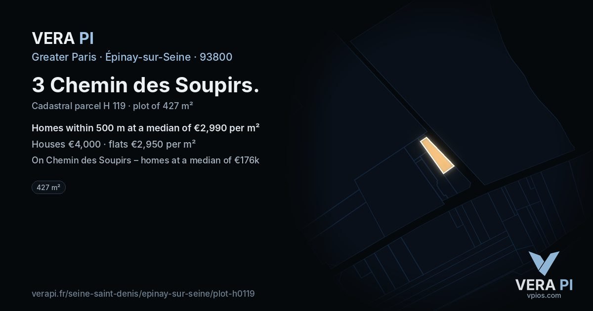 3 Chemin des Soupirs, Épinay-sur-Seine at night – the plot lit, the parcels around coloured by the prices near them