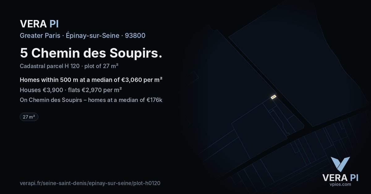 5 Chemin des Soupirs, Épinay-sur-Seine at night – the plot lit, the parcels around coloured by the prices near them