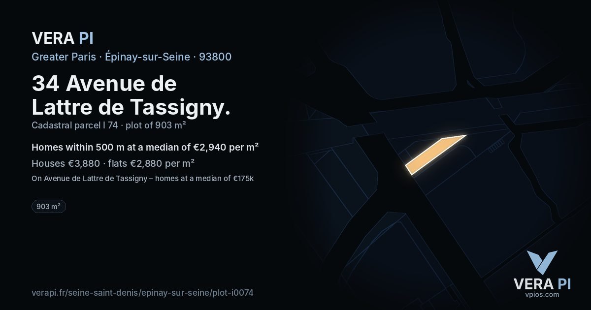 34 Avenue de Lattre de Tassigny, Épinay-sur-Seine at night – the plot lit, the parcels around coloured by the prices near them