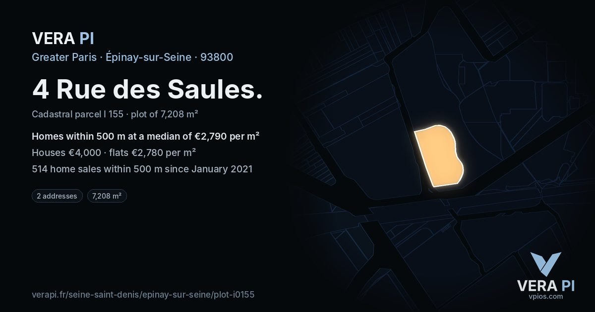 4 Rue des Saules, Épinay-sur-Seine at night – the plot lit, the parcels around coloured by the prices near them