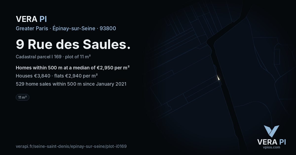 9 Rue des Saules, Épinay-sur-Seine at night – the plot lit, the parcels around coloured by the prices near them
