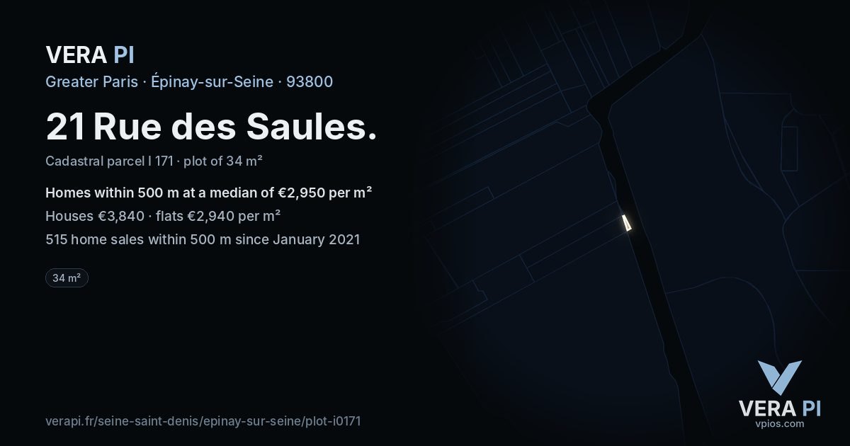 21 Rue des Saules, Épinay-sur-Seine at night – the plot lit, the parcels around coloured by the prices near them