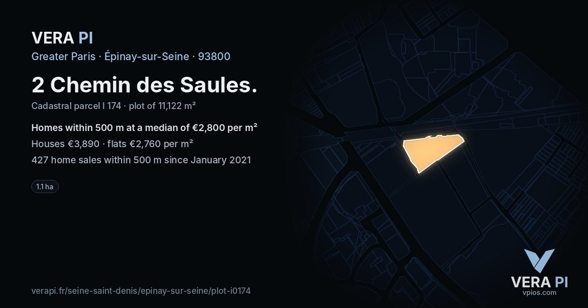 2 Chemin des Saules, Épinay-sur-Seine at night – the plot lit, the parcels around coloured by the prices near them