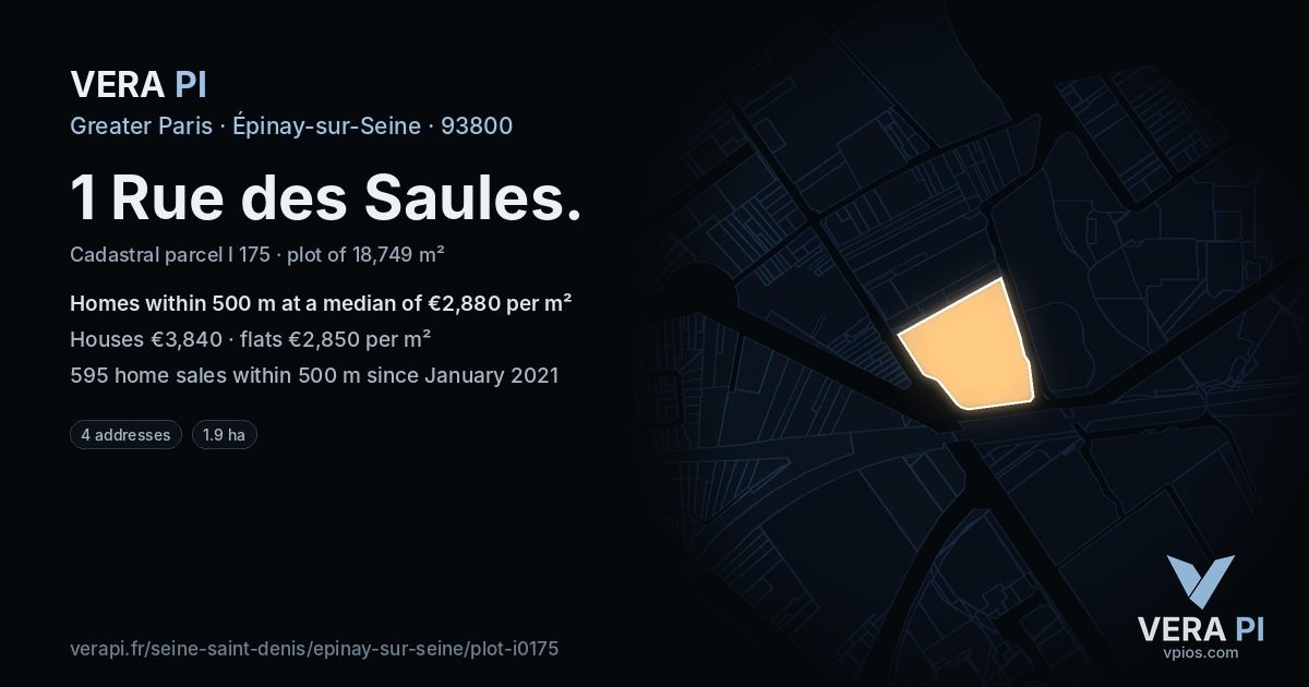 1 Rue des Saules, Épinay-sur-Seine at night – the plot lit, the parcels around coloured by the prices near them