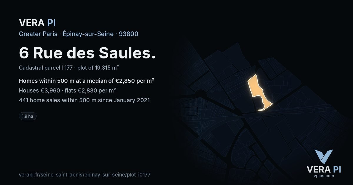 6 Rue des Saules, Épinay-sur-Seine at night – the plot lit, the parcels around coloured by the prices near them