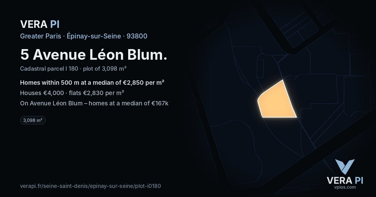 5 Avenue Léon Blum, Épinay-sur-Seine at night – the plot lit, the parcels around coloured by the prices near them