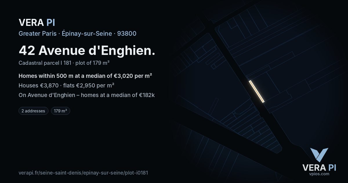 42 Avenue d'Enghien, Épinay-sur-Seine at night – the plot lit, the parcels around coloured by the prices near them