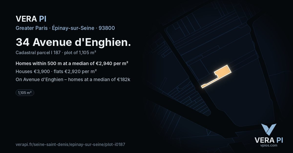 34 Avenue d'Enghien, Épinay-sur-Seine at night – the plot lit, the parcels around coloured by the prices near them