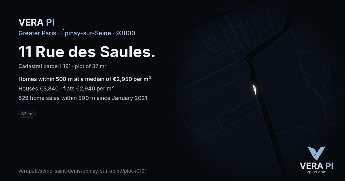 11 Rue des Saules, Épinay-sur-Seine at night – the plot lit, the parcels around coloured by the prices near them
